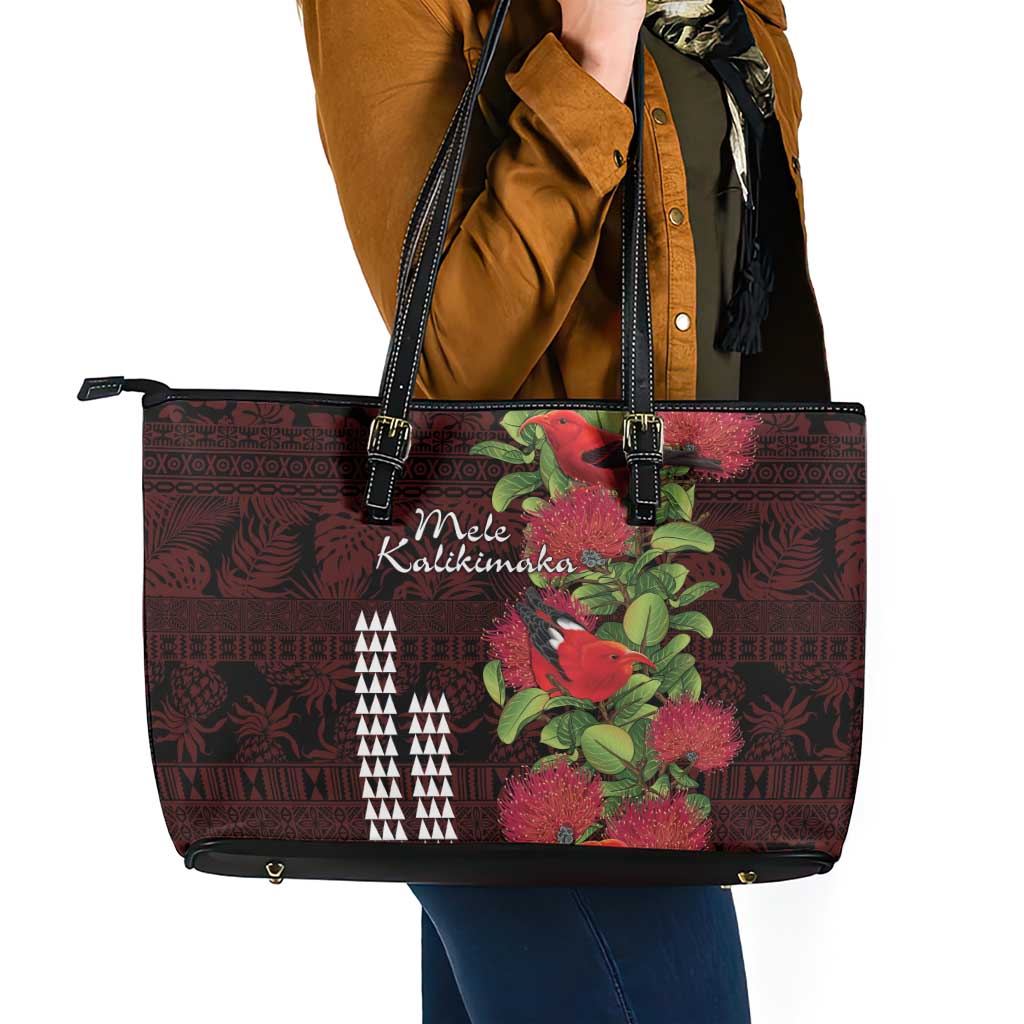 Hawaii Mele Kalikimaka Kakau Leather Tote Bag I'iwi Bird on Ohia Lehua LT7 - Polynesian Pride
