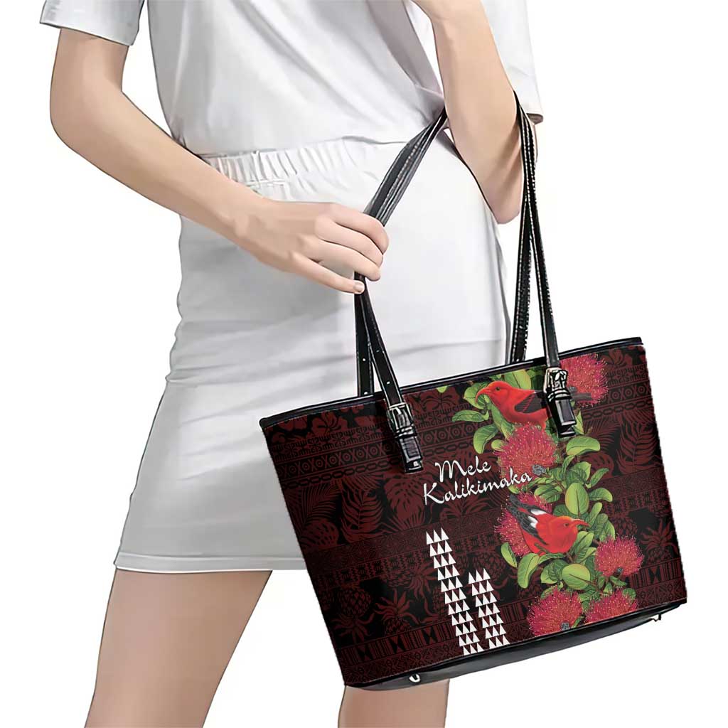 Hawaii Mele Kalikimaka Kakau Leather Tote Bag I'iwi Bird on Ohia Lehua LT7 - Polynesian Pride
