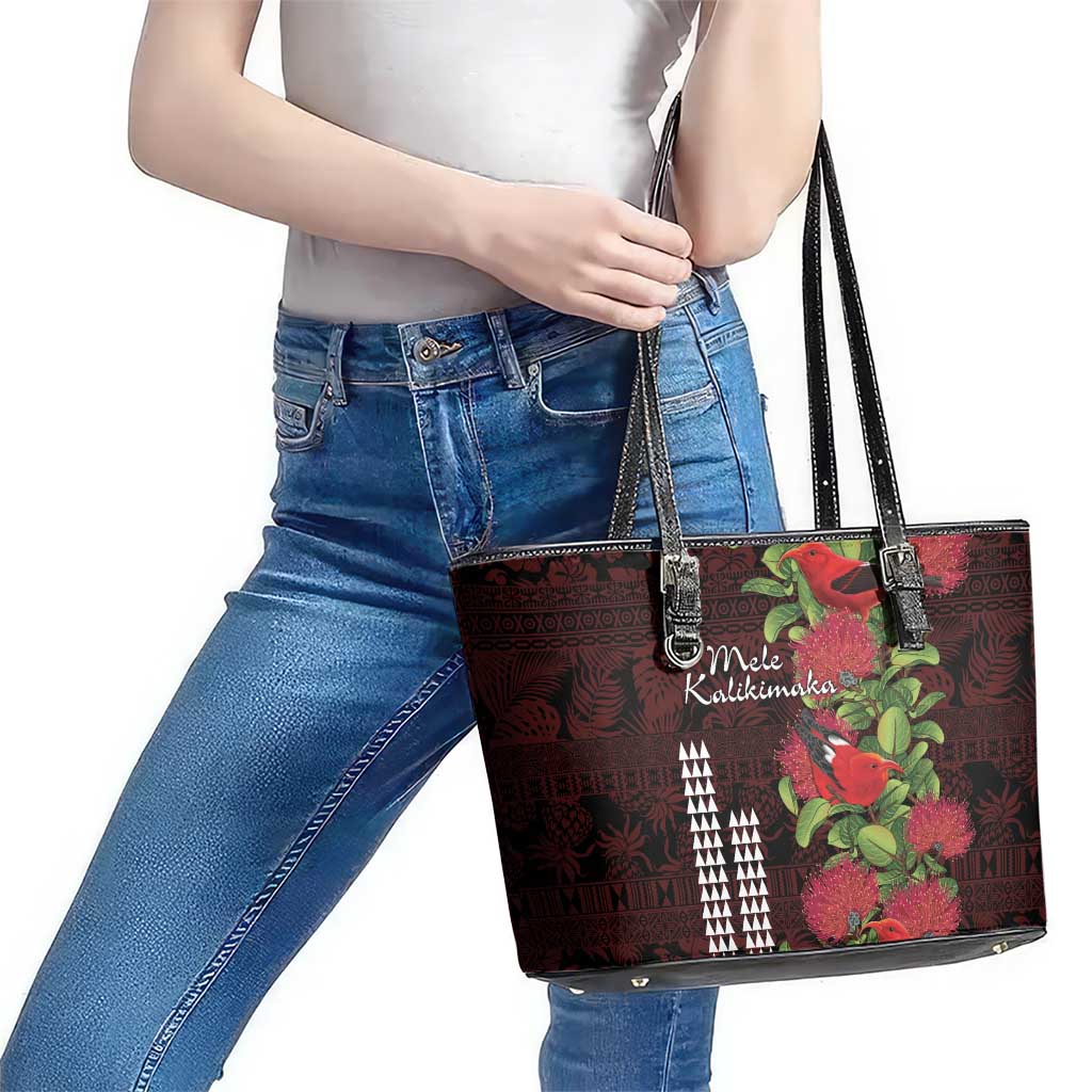 Hawaii Mele Kalikimaka Kakau Leather Tote Bag I'iwi Bird on Ohia Lehua LT7 - Polynesian Pride