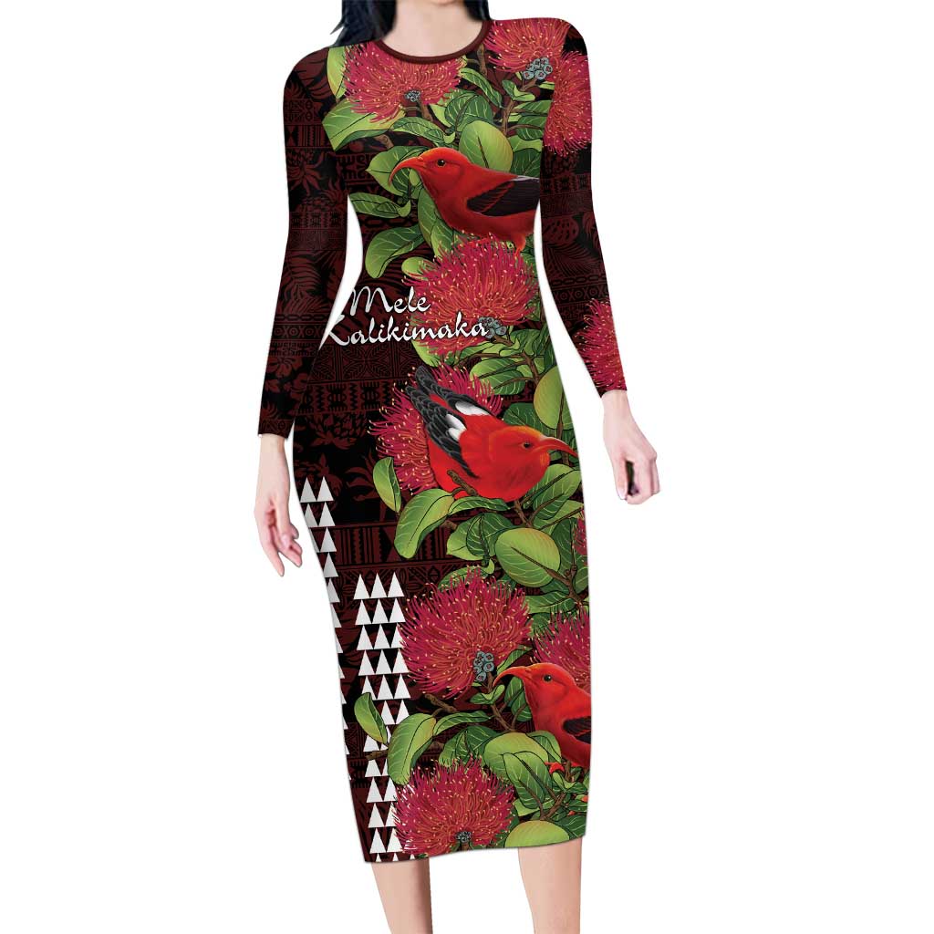 Hawaii Mele Kalikimaka Kakau Long Sleeve Bodycon Dress I'iwi Bird on Ohia Lehua