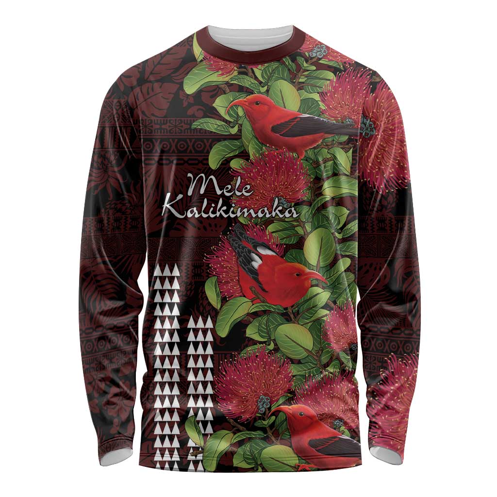 Hawaii Mele Kalikimaka Kakau Long Sleeve Shirt I'iwi Bird on Ohia Lehua