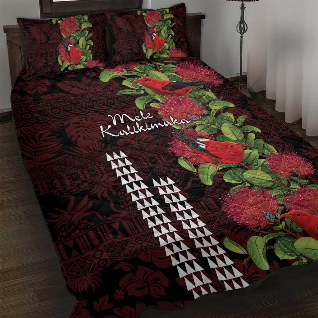 Hawaii Mele Kalikimaka Kakau Quilt Bed Set I'iwi Bird on Ohia Lehua