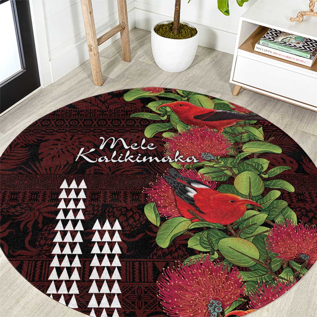 Hawaii Mele Kalikimaka Kakau Round Carpet I'iwi Bird on Ohia Lehua