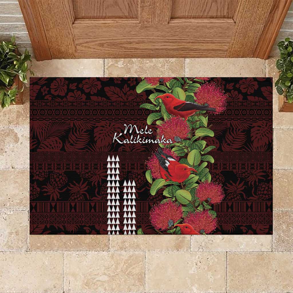 Hawaii Mele Kalikimaka Kakau Rubber Doormat I'iwi Bird on Ohia Lehua LT7 Black Red - Polynesian Pride