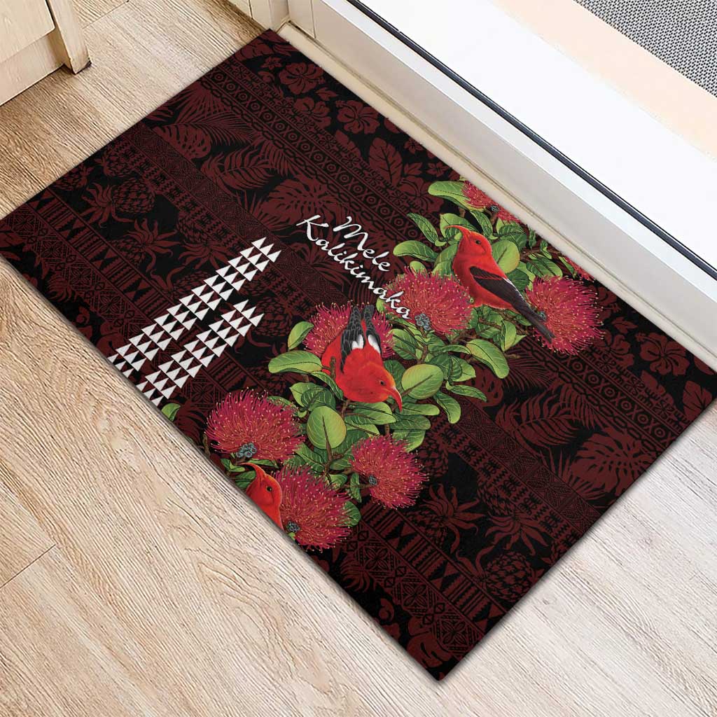Hawaii Mele Kalikimaka Kakau Rubber Doormat I'iwi Bird on Ohia Lehua LT7 - Polynesian Pride