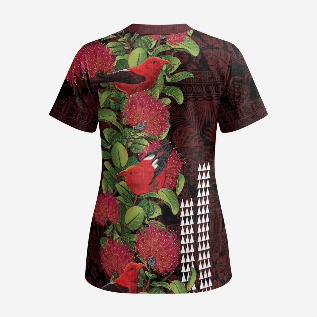 Hawaii Mele Kalikimaka Kakau Scrub Top I'iwi Bird on Ohia Lehua - Polynesian Pride