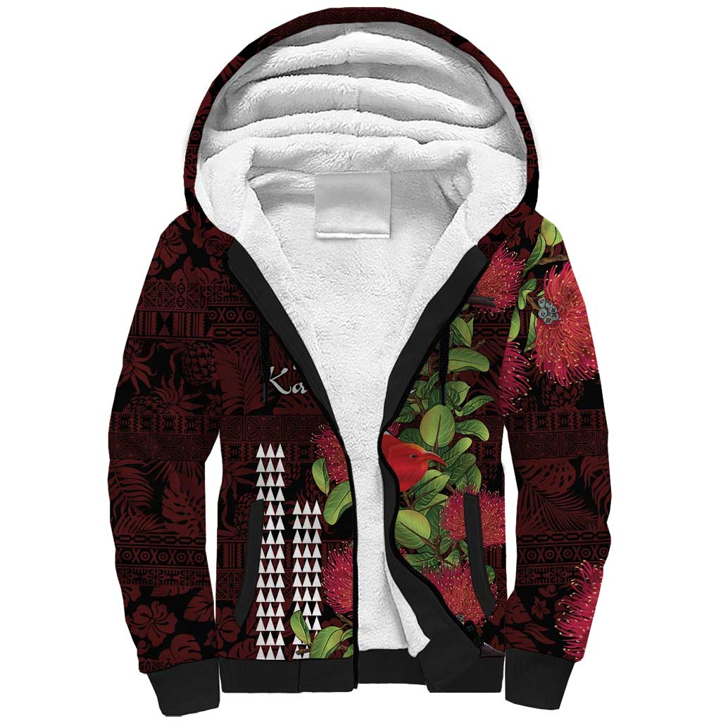 Hawaii Mele Kalikimaka Kakau Sherpa Hoodie I'iwi Bird on Ohia Lehua LT7 Unisex Black Red - Polynesian Pride