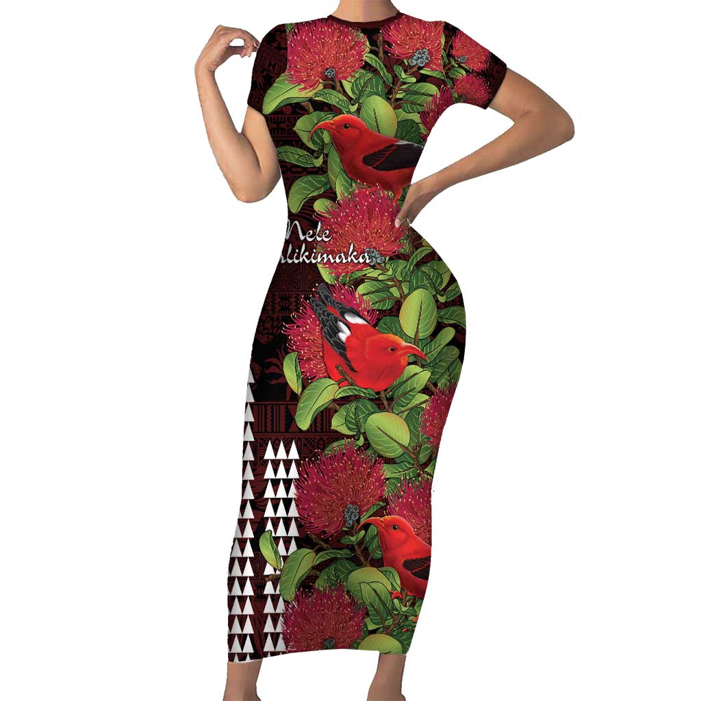 Hawaii Mele Kalikimaka Kakau Short Sleeve Bodycon Dress I'iwi Bird on Ohia Lehua