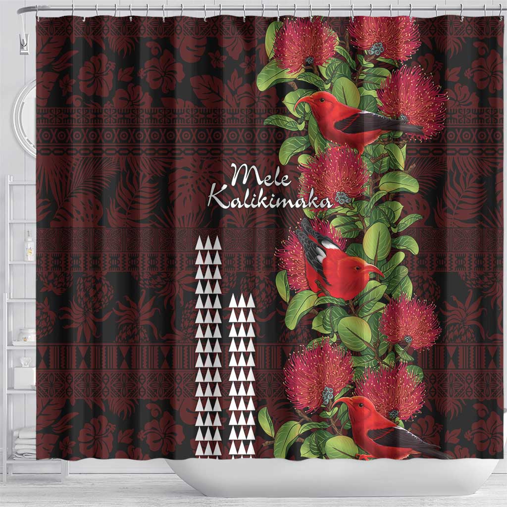 Hawaii Mele Kalikimaka Kakau Shower Curtain I'iwi Bird on Ohia Lehua