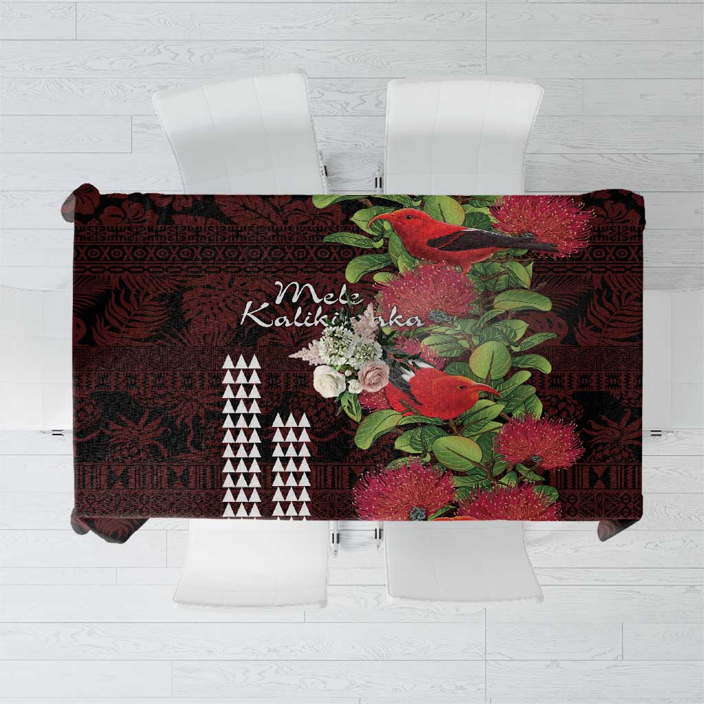 Hawaii Mele Kalikimaka Kakau Tablecloth I'iwi Bird on Ohia Lehua LT7 Black Red - Polynesian Pride