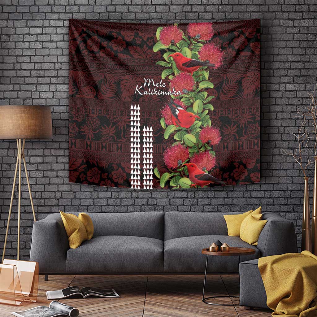 Hawaii Mele Kalikimaka Kakau Tapestry I'iwi Bird on Ohia Lehua LT7 - Polynesian Pride