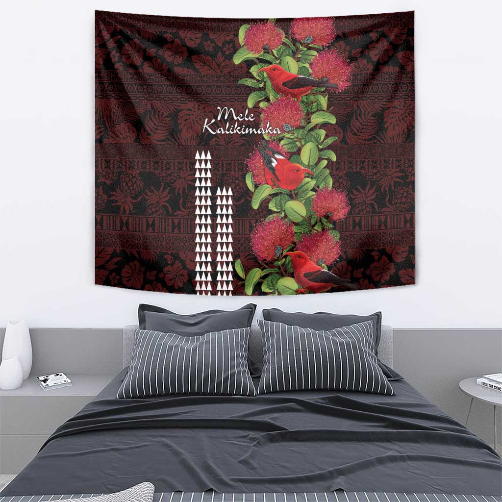 Hawaii Mele Kalikimaka Kakau Tapestry I'iwi Bird on Ohia Lehua LT7 - Polynesian Pride