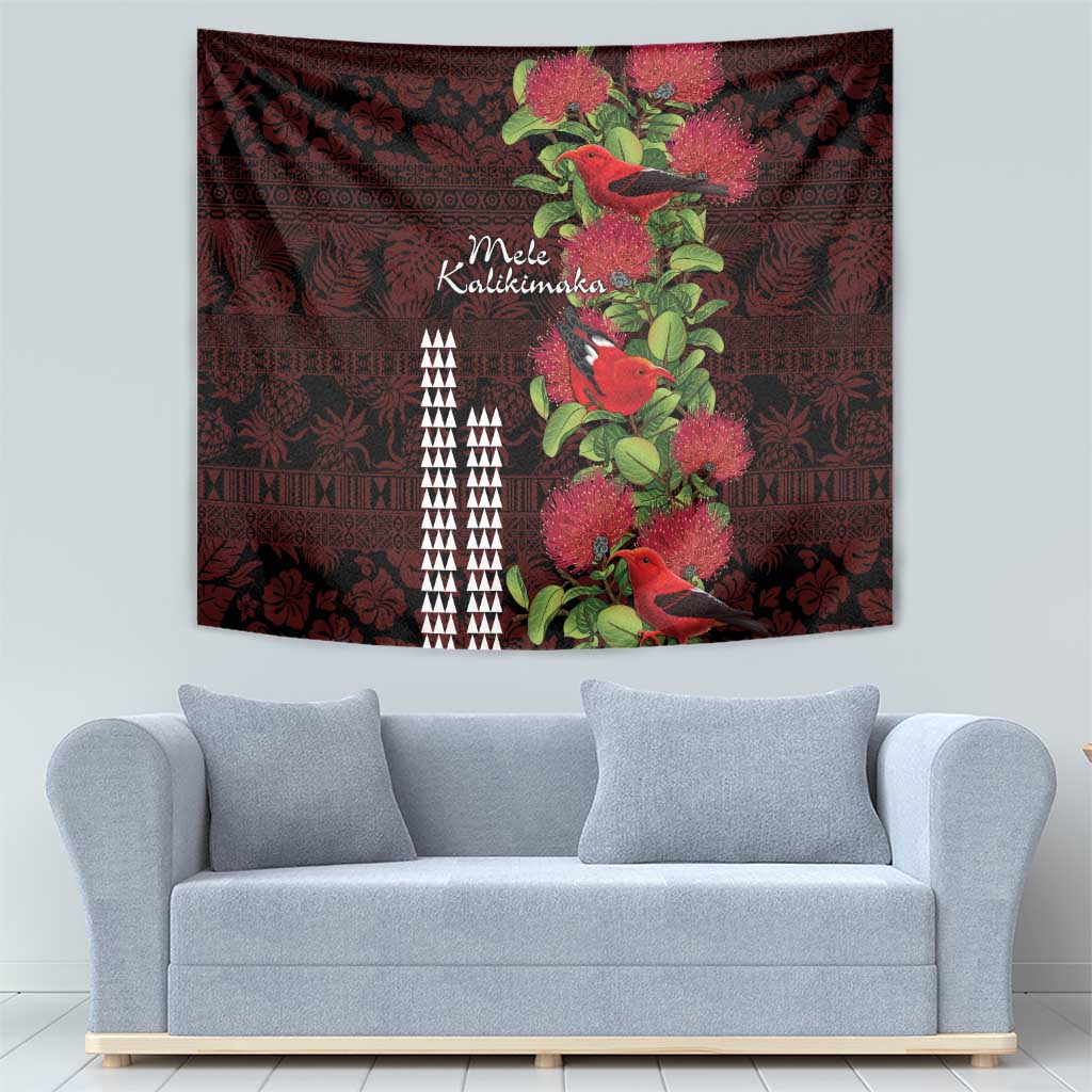 Hawaii Mele Kalikimaka Kakau Tapestry I'iwi Bird on Ohia Lehua LT7 - Polynesian Pride