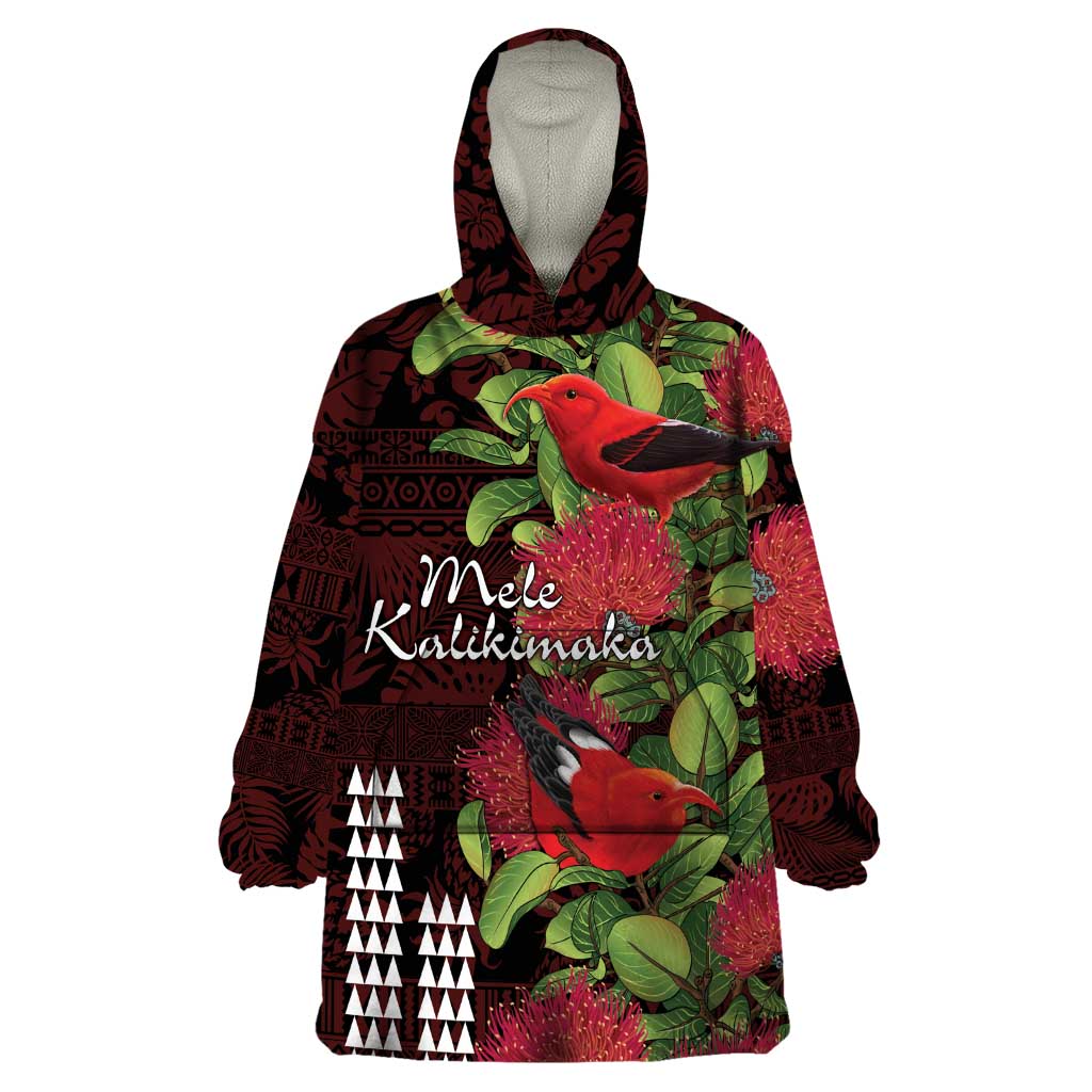 Hawaii Mele Kalikimaka Kakau Wearable Blanket Hoodie I'iwi Bird on Ohia Lehua