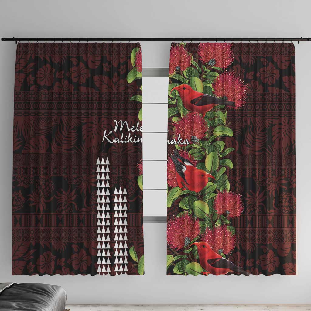 Hawaii Mele Kalikimaka Kakau Window Curtain I'iwi Bird on Ohia Lehua LT7 With Hooks Black Red - Polynesian Pride