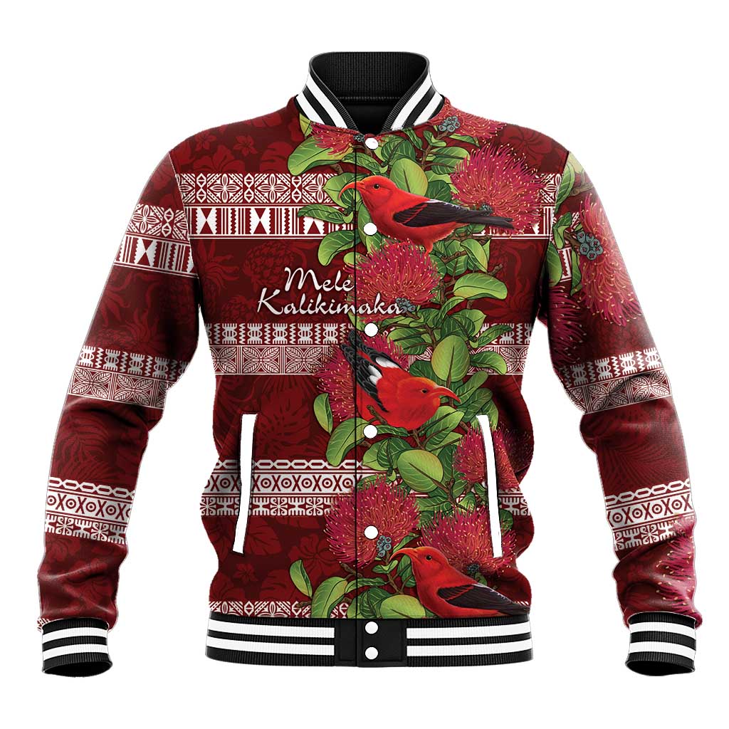 Hawaii Christmas Mele Kalikimaka Baseball Jacket I'iwi Bird on Ohia Lehua LT7 Unisex Red White - Polynesian Pride