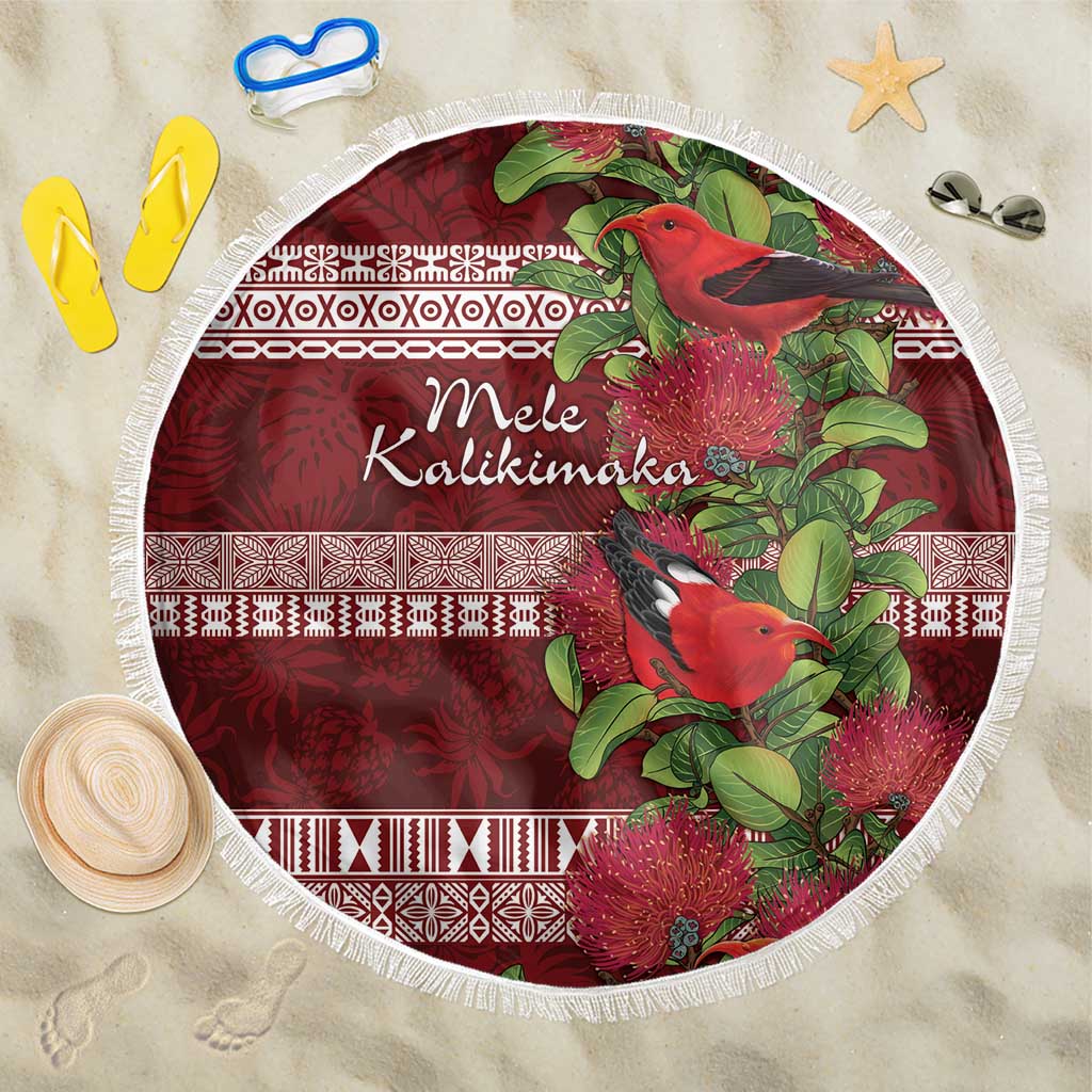 Hawaii Christmas Mele Kalikimaka Beach Blanket I'iwi Bird on Ohia Lehua LT7 One Size 150cm Red White - Polynesian Pride