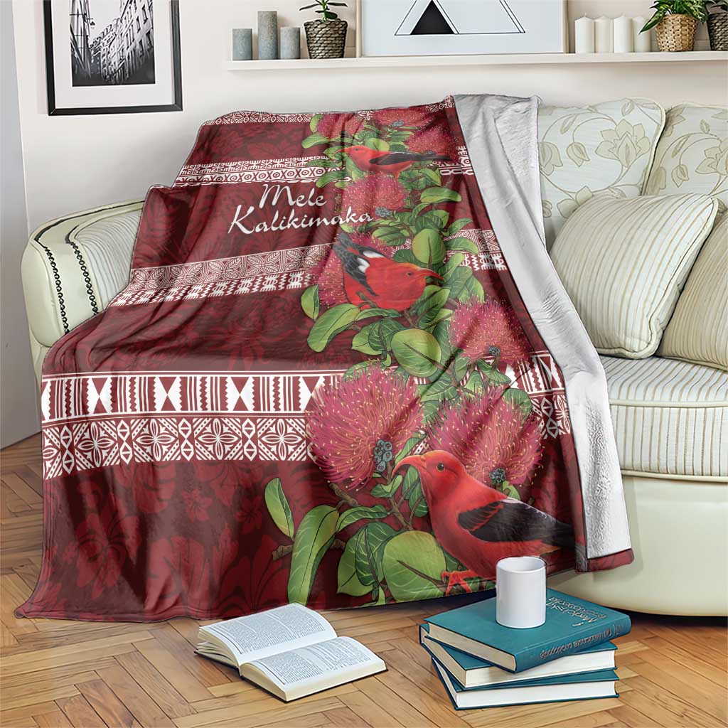 Hawaii Christmas Mele Kalikimaka Blanket I'iwi Bird on Ohia Lehua LT7 Red White - Polynesian Pride