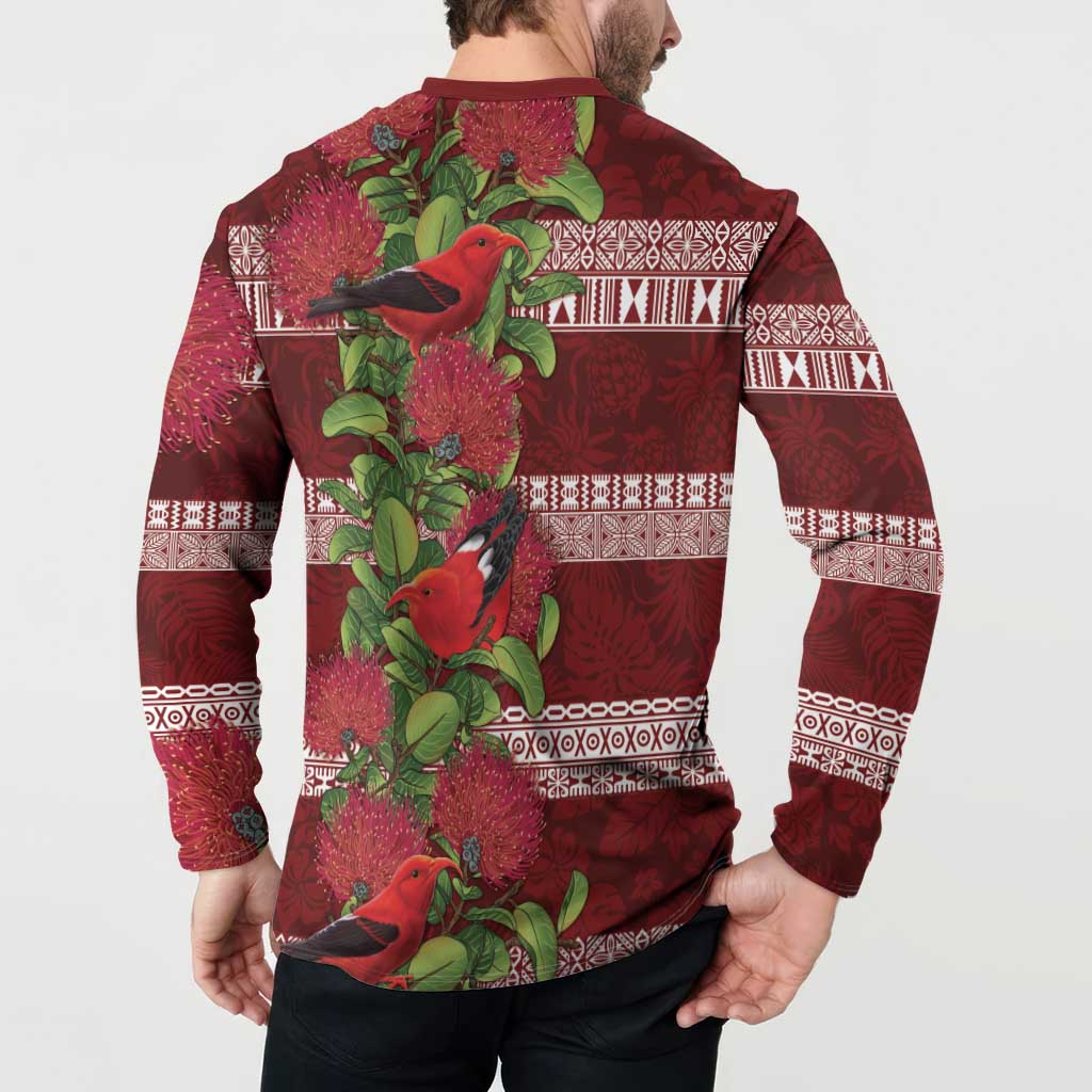 Hawaii Christmas Mele Kalikimaka Button Sweatshirt I'iwi Bird on Ohia Lehua LT7 - Polynesian Pride