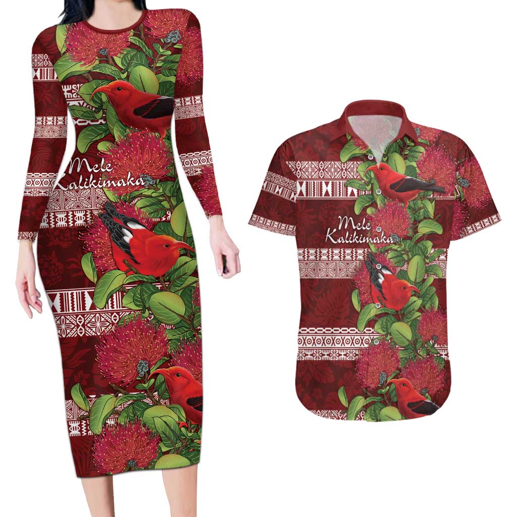 Hawaii Christmas Mele Kalikimaka Couples Matching Long Sleeve Bodycon Dress and Hawaiian Shirt I'iwi Bird on Ohia Lehua