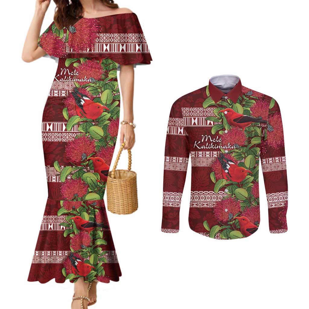 Hawaii Christmas Mele Kalikimaka Couples Matching Mermaid Dress and Long Sleeve Button Shirt I'iwi Bird on Ohia Lehua