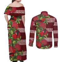 Hawaii Christmas Mele Kalikimaka Couples Matching Off Shoulder Maxi Dress and Long Sleeve Button Shirt I'iwi Bird on Ohia Lehua