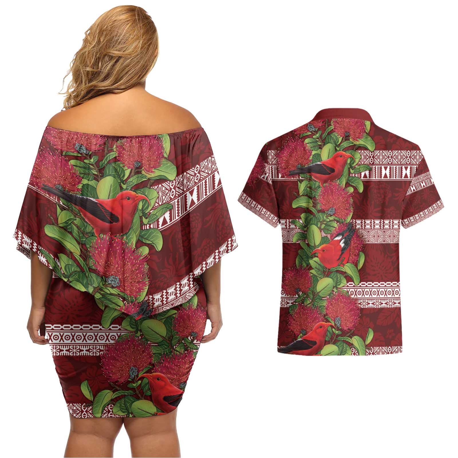 Hawaii Christmas Mele Kalikimaka Couples Matching Off Shoulder Short Dress and Hawaiian Shirt I'iwi Bird on Ohia Lehua
