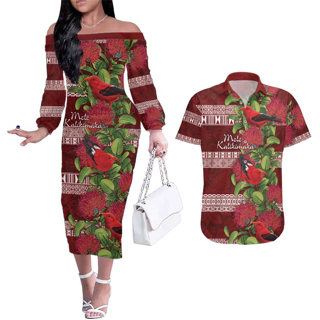 Hawaii Christmas Mele Kalikimaka Couples Matching Off The Shoulder Long Sleeve Dress and Hawaiian Shirt I'iwi Bird on Ohia Lehua