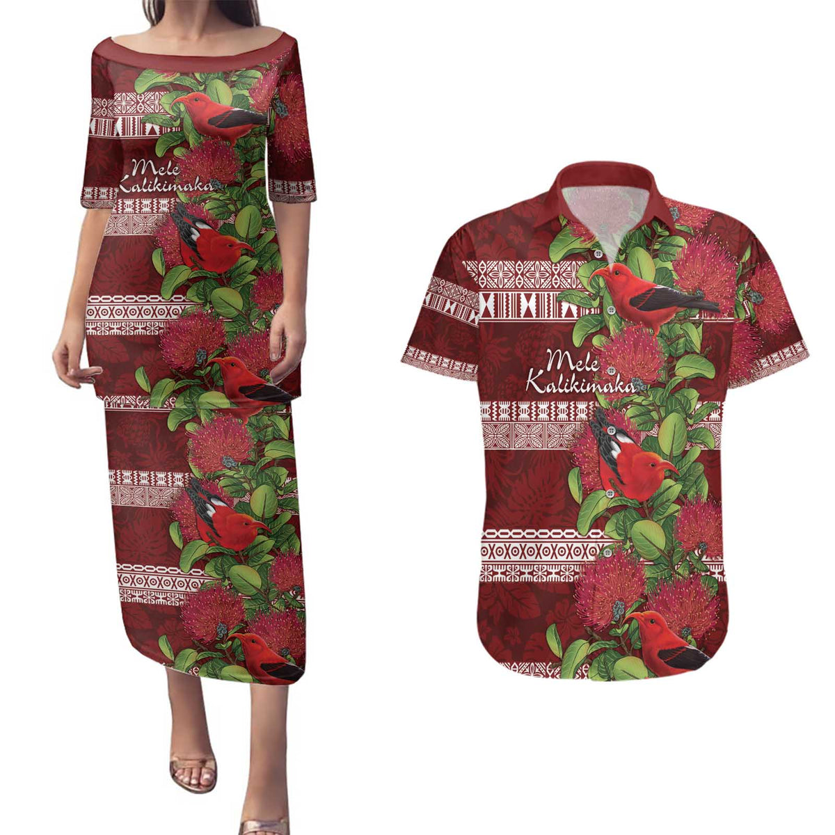 Hawaii Christmas Mele Kalikimaka Couples Matching Puletasi and Hawaiian Shirt I'iwi Bird on Ohia Lehua