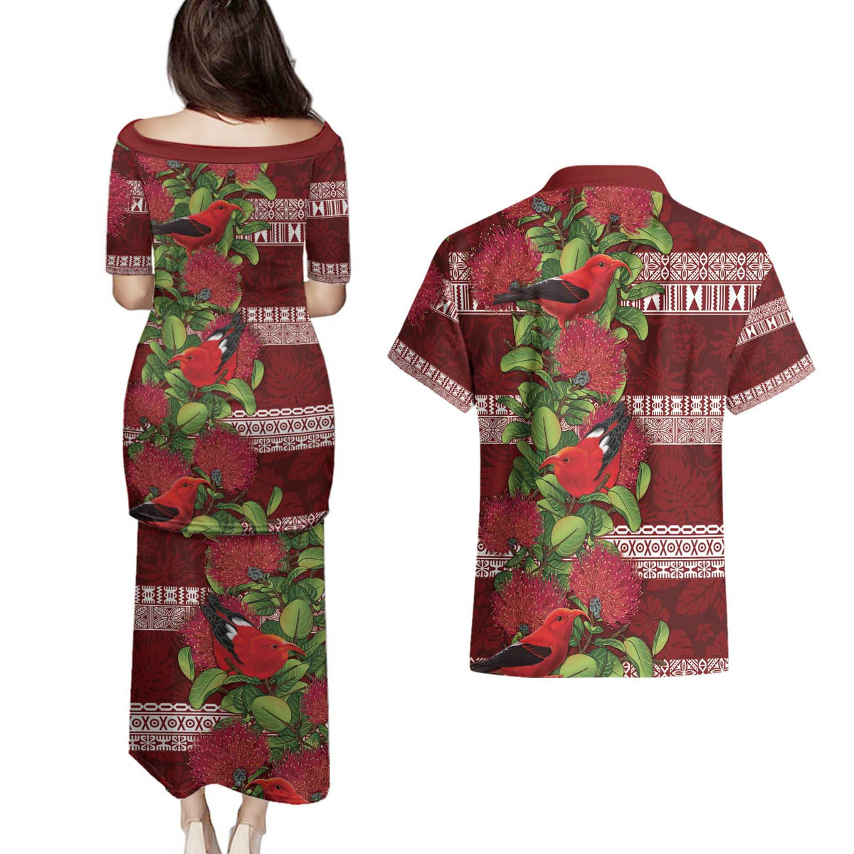 Hawaii Christmas Mele Kalikimaka Couples Matching Puletasi and Hawaiian Shirt I'iwi Bird on Ohia Lehua