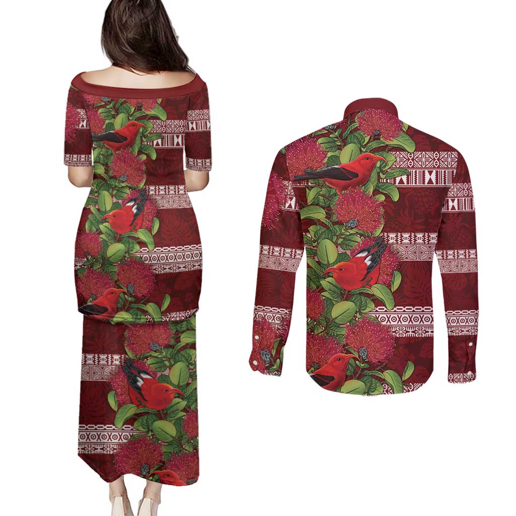 Hawaii Christmas Mele Kalikimaka Couples Matching Puletasi and Long Sleeve Button Shirt I'iwi Bird on Ohia Lehua