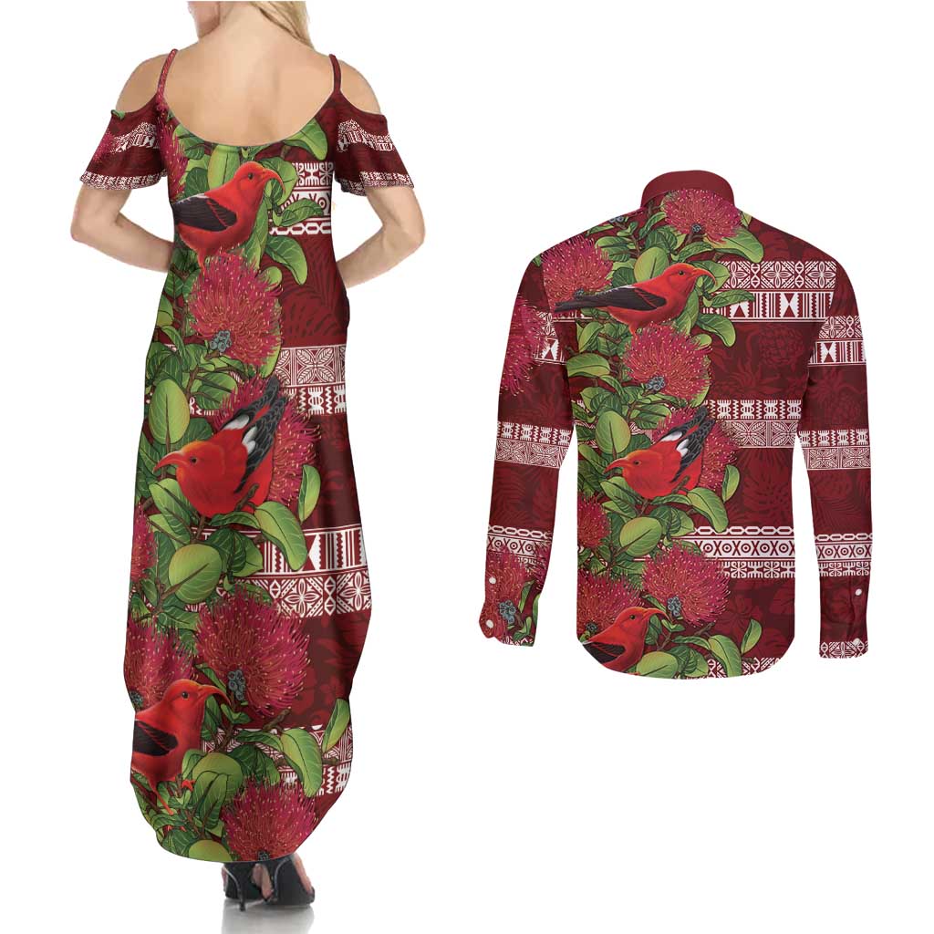 Hawaii Christmas Mele Kalikimaka Couples Matching Summer Maxi Dress and Long Sleeve Button Shirt I'iwi Bird on Ohia Lehua