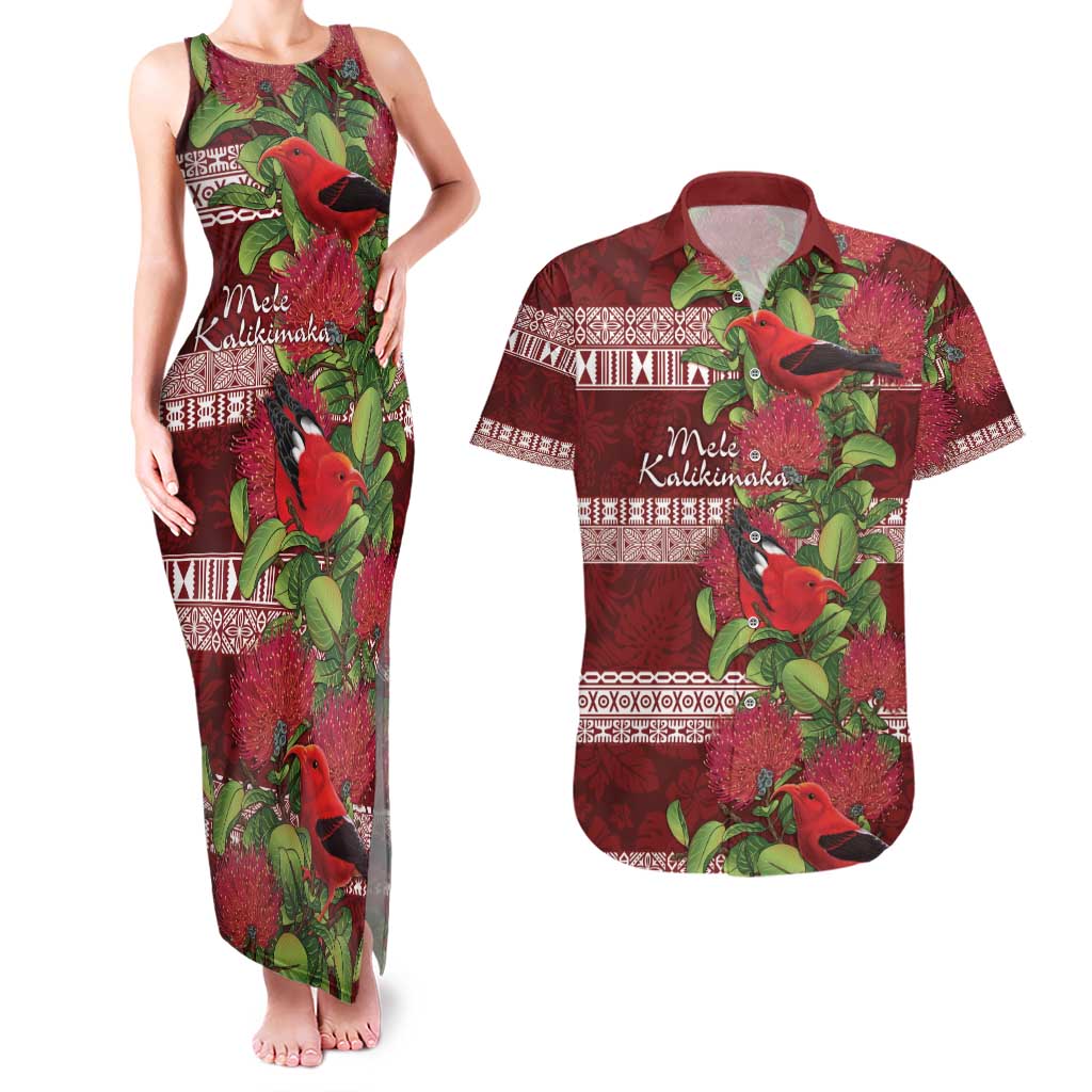Hawaii Christmas Mele Kalikimaka Couples Matching Tank Maxi Dress and Hawaiian Shirt I'iwi Bird on Ohia Lehua