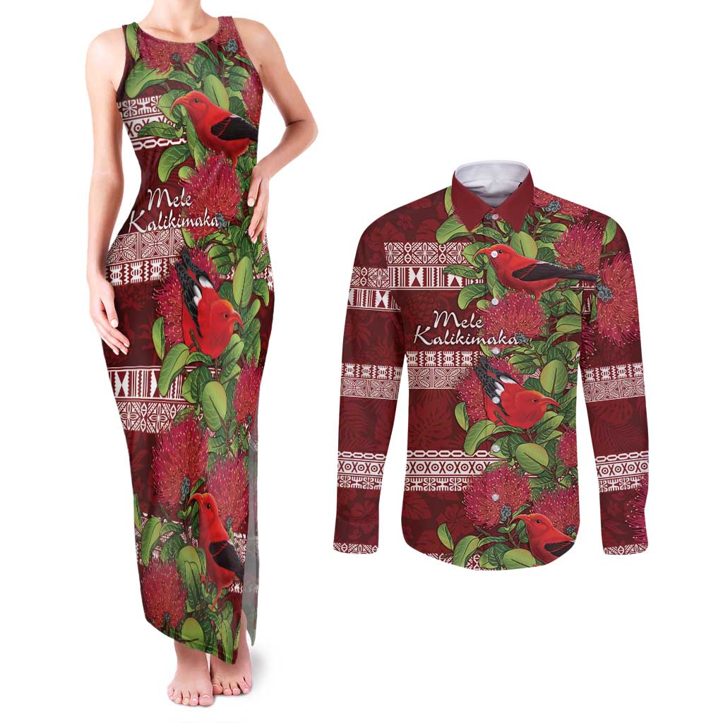 Hawaii Christmas Mele Kalikimaka Couples Matching Tank Maxi Dress and Long Sleeve Button Shirt I'iwi Bird on Ohia Lehua