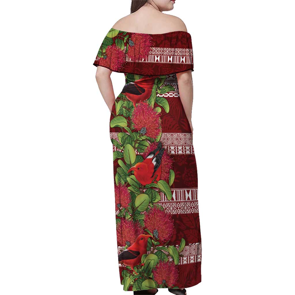 Hawaii Christmas Mele Kalikimaka Family Matching Off Shoulder Maxi Dress and Hawaiian Shirt I'iwi Bird on Ohia Lehua