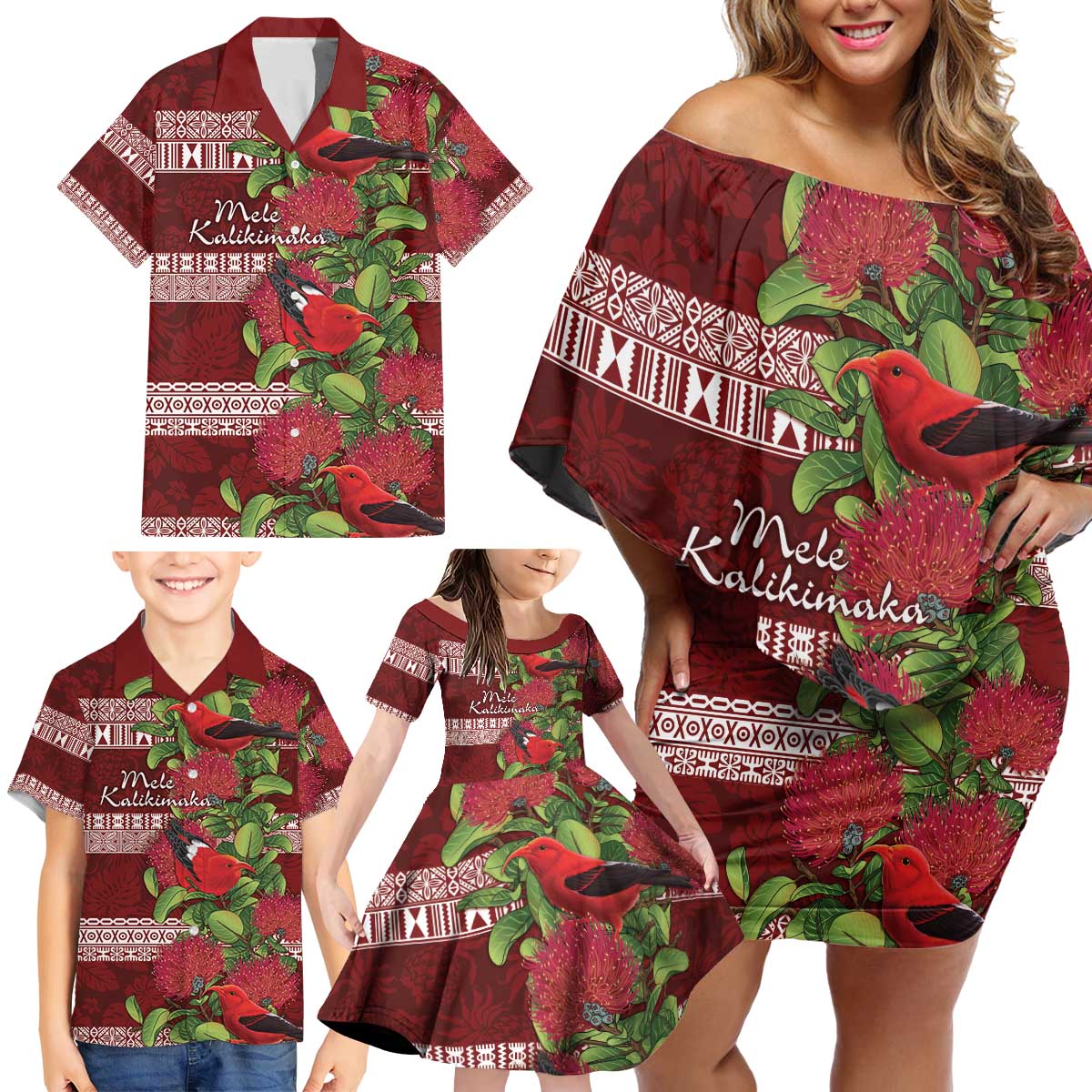 Hawaii Christmas Mele Kalikimaka Family Matching Off Shoulder Short Dress and Hawaiian Shirt I'iwi Bird on Ohia Lehua