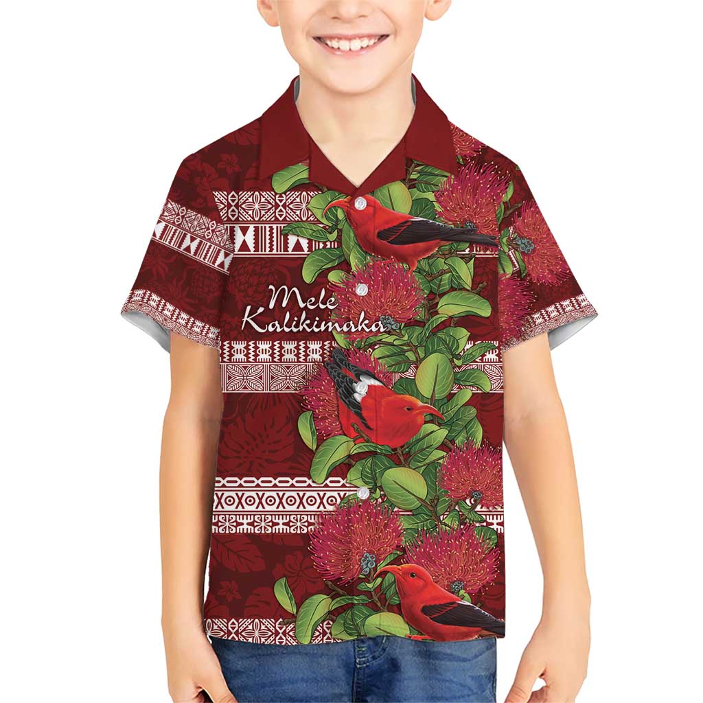 Hawaii Christmas Mele Kalikimaka Family Matching Short Sleeve Bodycon Dress and Hawaiian Shirt I'iwi Bird on Ohia Lehua