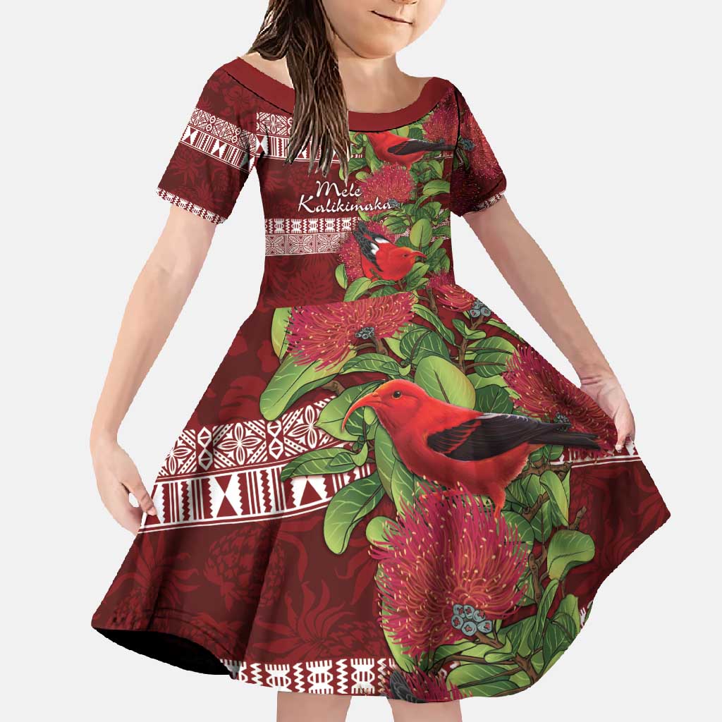 Hawaii Christmas Mele Kalikimaka Family Matching Tank Maxi Dress and Hawaiian Shirt I'iwi Bird on Ohia Lehua LT7 Daughter's Dress Red White - Polynesian Pride