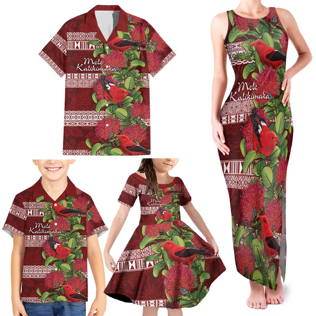 Hawaii Christmas Mele Kalikimaka Family Matching Tank Maxi Dress and Hawaiian Shirt I'iwi Bird on Ohia Lehua LT7 - Polynesian Pride