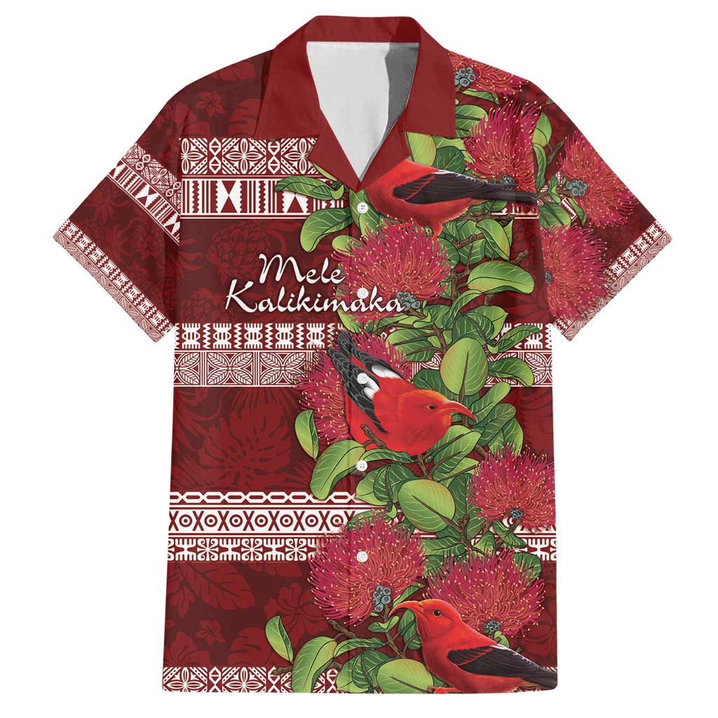 Hawaii Christmas Mele Kalikimaka Family Matching Tank Maxi Dress and Hawaiian Shirt I'iwi Bird on Ohia Lehua LT7 Dad's Shirt - Short Sleeve Red White - Polynesian Pride