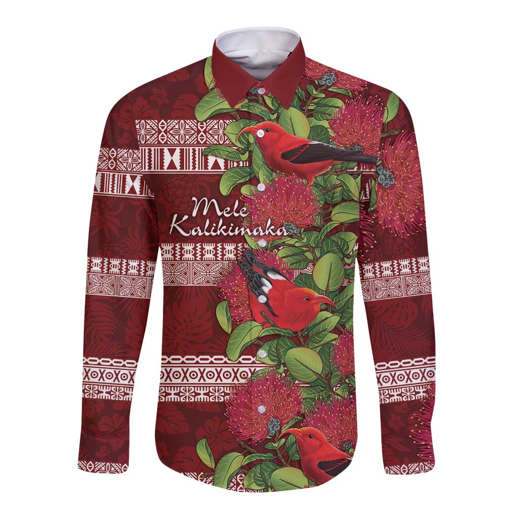 Hawaii Christmas Mele Kalikimaka Long Sleeve Button Shirt I'iwi Bird on Ohia Lehua LT7 Unisex Red White - Polynesian Pride