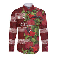 Hawaii Christmas Mele Kalikimaka Long Sleeve Button Shirt I'iwi Bird on Ohia Lehua LT7 Unisex Red White - Polynesian Pride