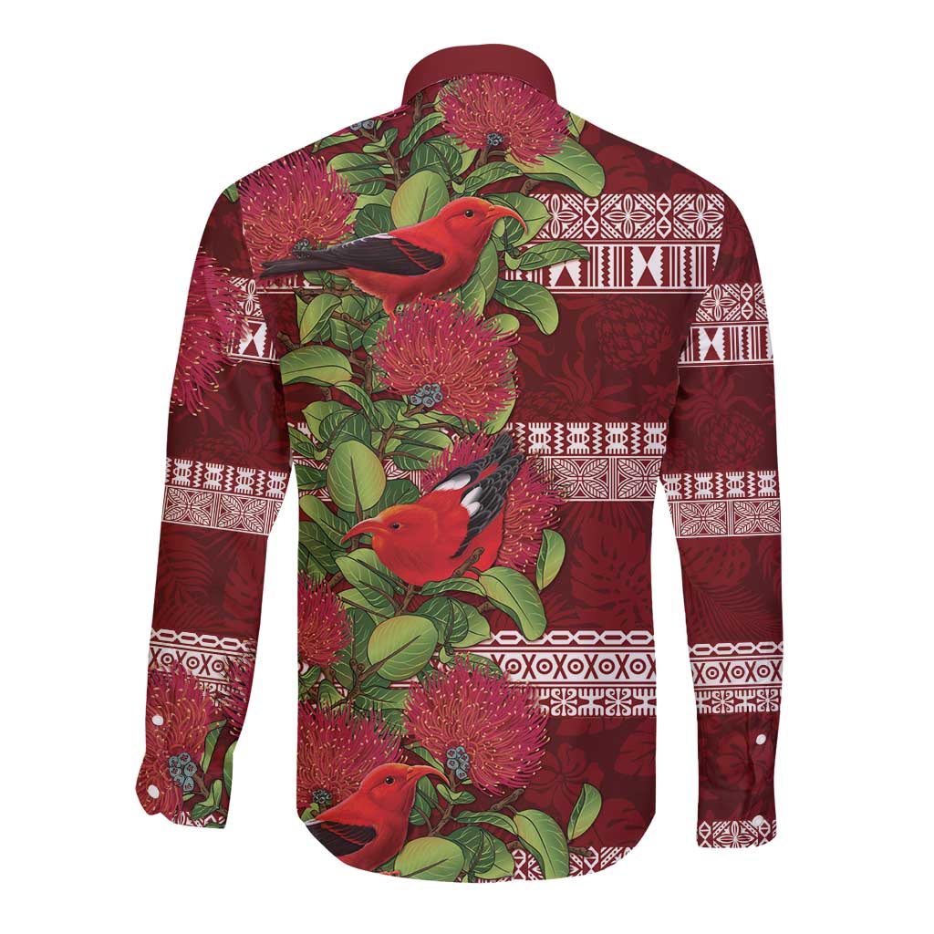 Hawaii Christmas Mele Kalikimaka Long Sleeve Button Shirt I'iwi Bird on Ohia Lehua LT7 - Polynesian Pride