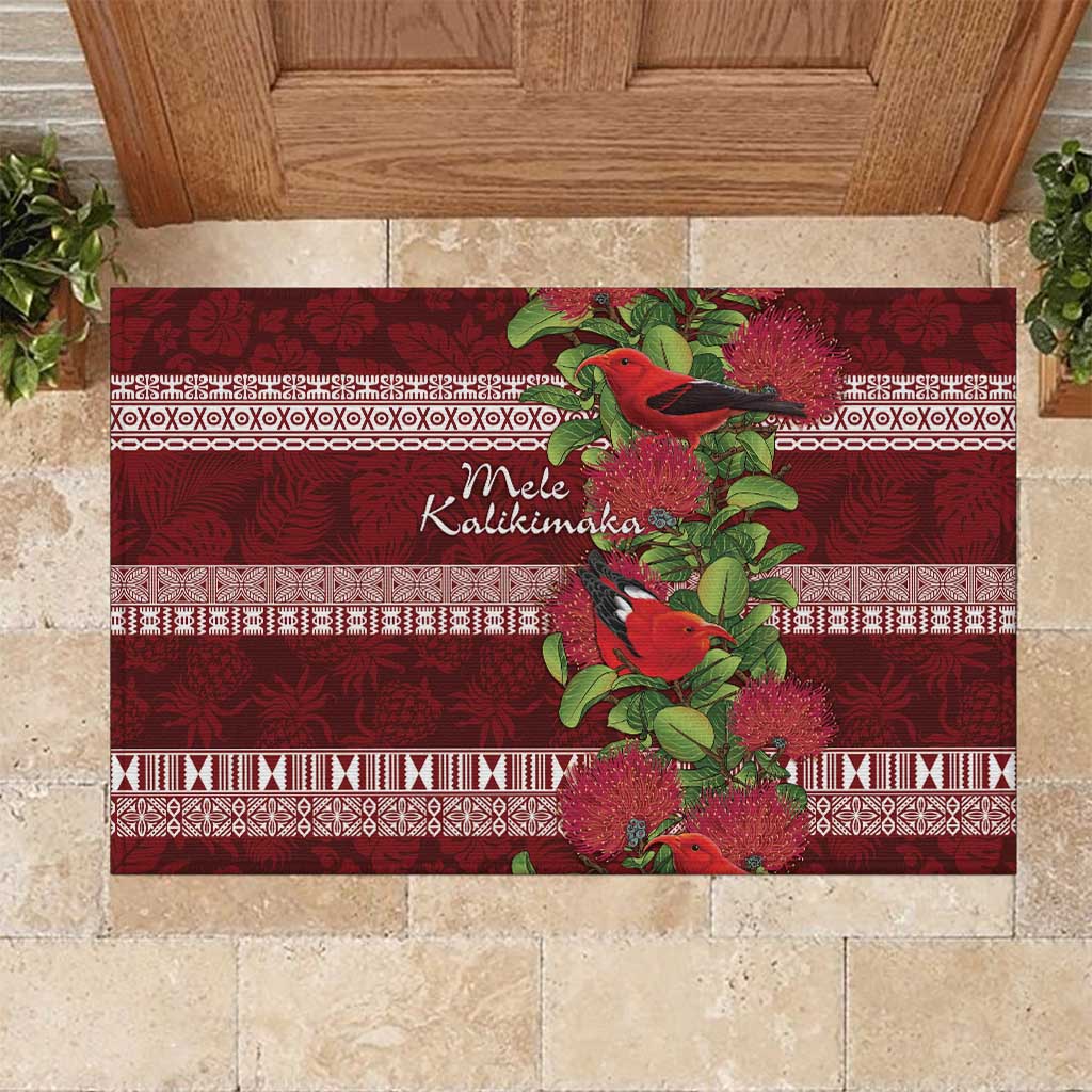 Hawaii Christmas Mele Kalikimaka Rubber Doormat I'iwi Bird on Ohia Lehua LT7 Red White - Polynesian Pride