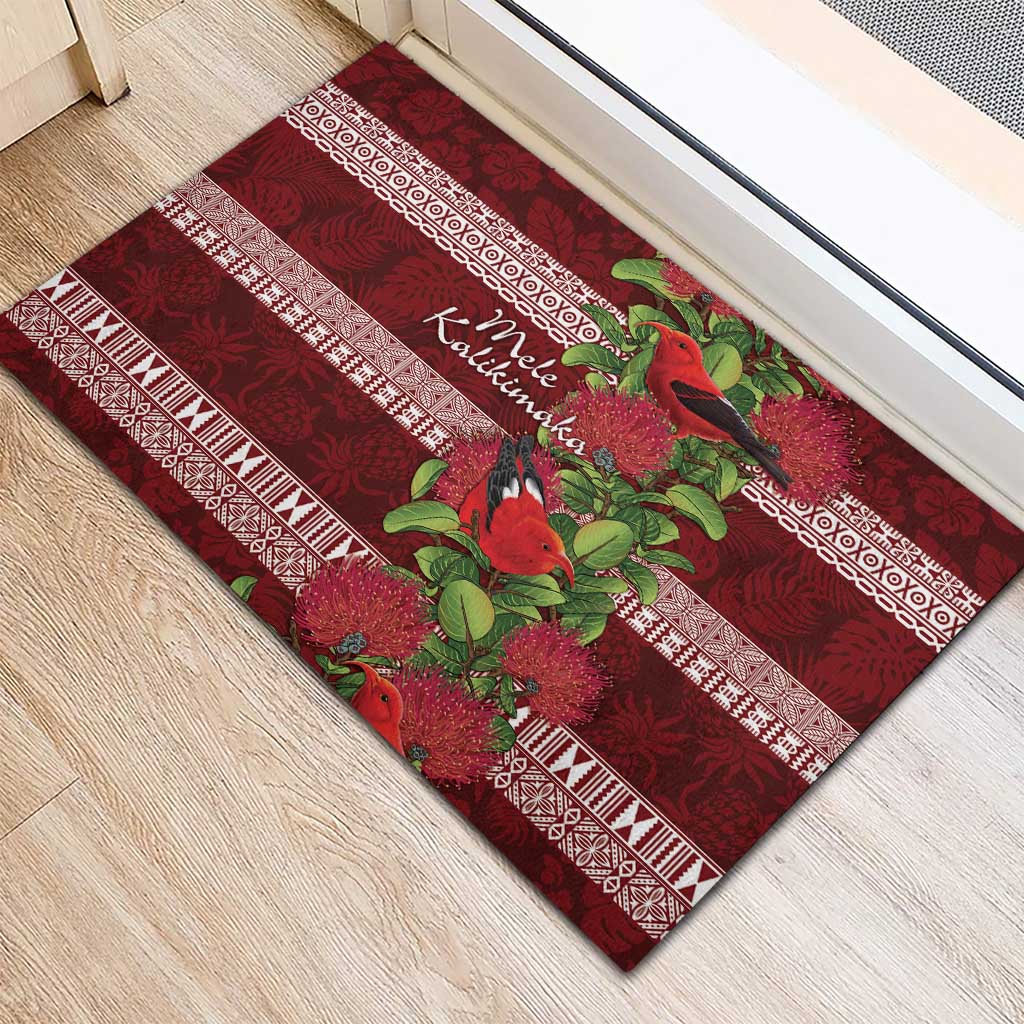 Hawaii Christmas Mele Kalikimaka Rubber Doormat I'iwi Bird on Ohia Lehua LT7 - Polynesian Pride