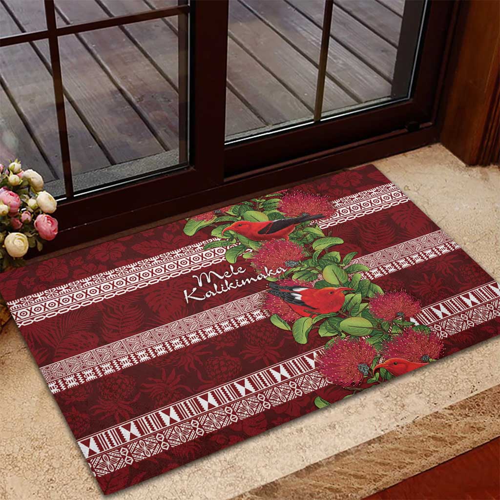 Hawaii Christmas Mele Kalikimaka Rubber Doormat I'iwi Bird on Ohia Lehua LT7 - Polynesian Pride