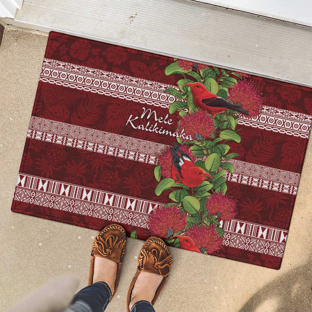 Hawaii Christmas Mele Kalikimaka Rubber Doormat I'iwi Bird on Ohia Lehua LT7 - Polynesian Pride