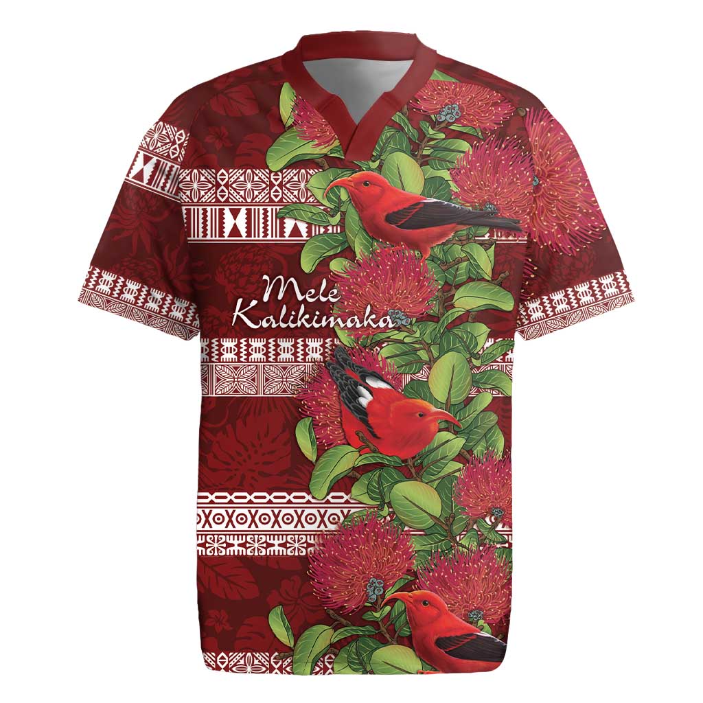 Hawaii Christmas Mele Kalikimaka Rugby Jersey I'iwi Bird on Ohia Lehua LT7 Red White - Polynesian Pride