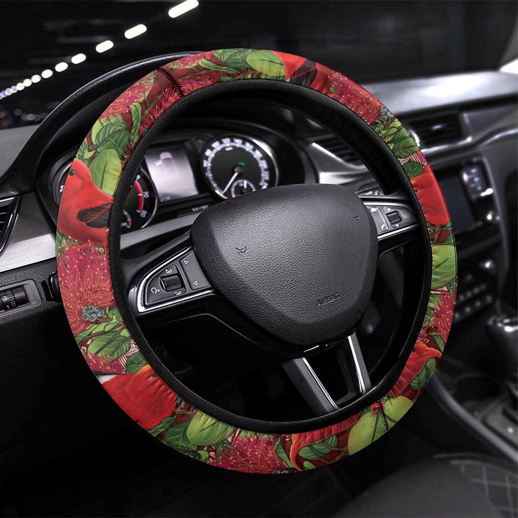 Hawaii Christmas Mele Kalikimaka Steering Wheel Cover I'iwi Bird on Ohia Lehua LT7 Universal Fit Red White - Polynesian Pride