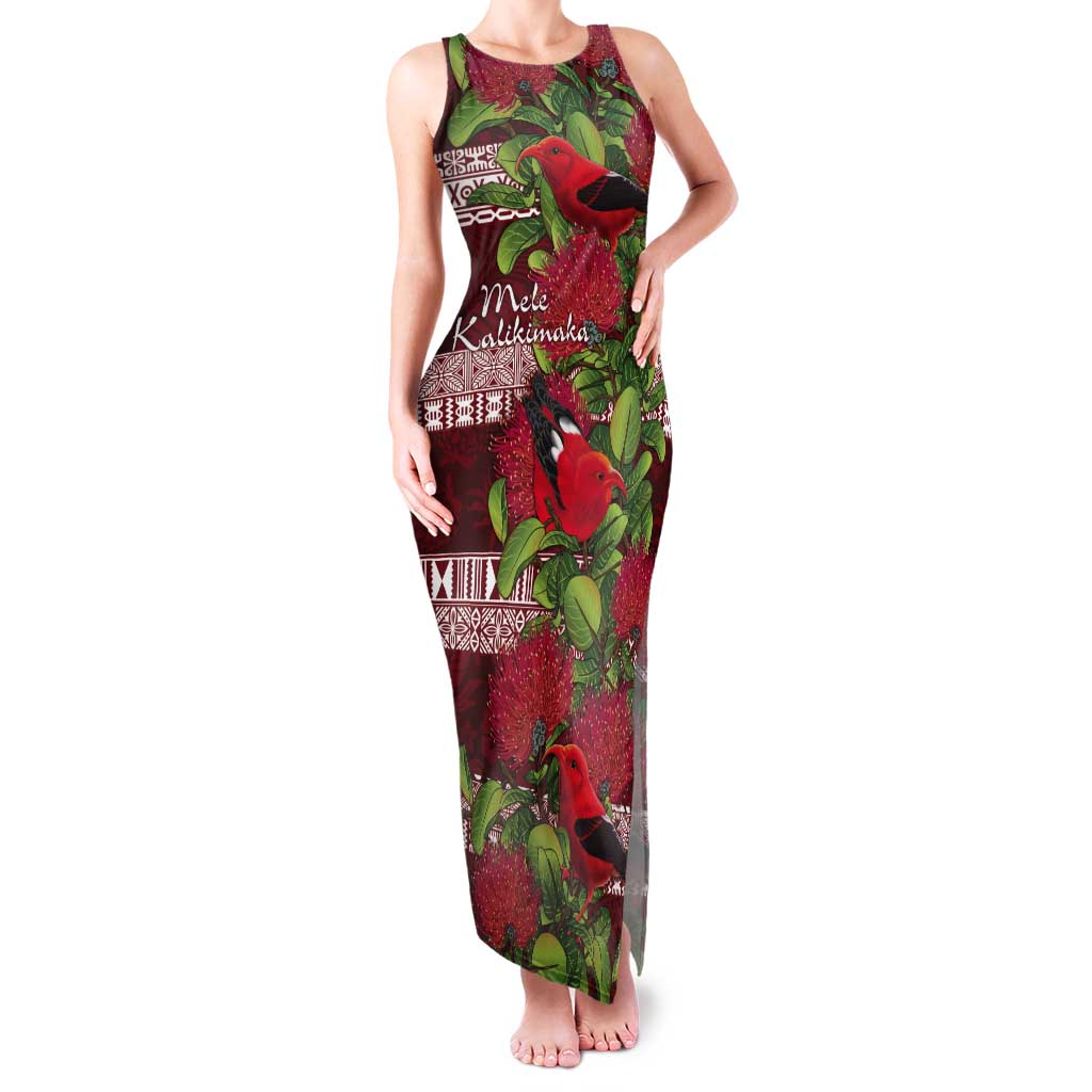 Hawaii Christmas Mele Kalikimaka Tank Maxi Dress I'iwi Bird on Ohia Lehua LT7 Women Red White - Polynesian Pride